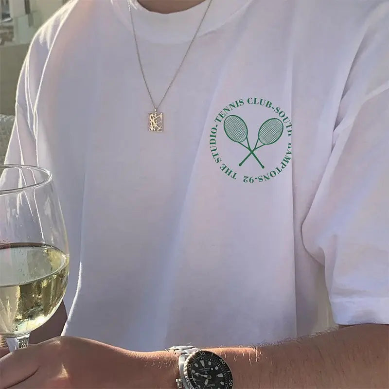T-shirt De Sport De Course Décontracté En Pur Coton Rétro Américain Jouant Au Tennis Nouveau T-shirt Impression De Lettres Homme