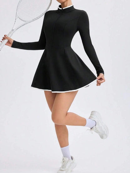 Jupe de tennis unie à col montant et fermeture éclair pour femme, jupe de sport d'extérieur
