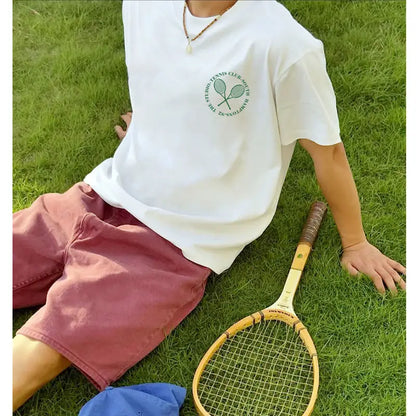 T-shirt De Sport De Course Décontracté En Pur Coton Rétro Américain Jouant Au Tennis Nouveau T-shirt Impression De Lettres Homme